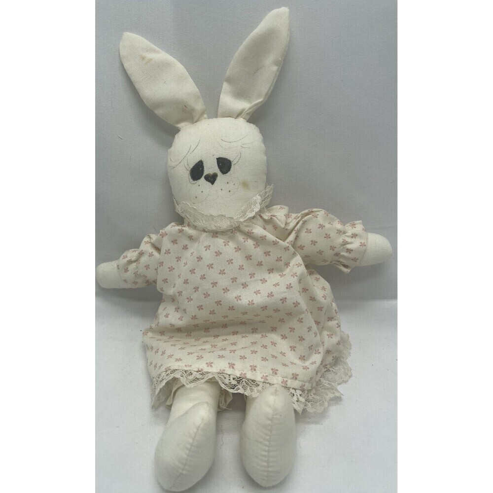 Vintage Handmade Bunny Rabbit Pink and White Dress 12” Stuffed Animal Cute
